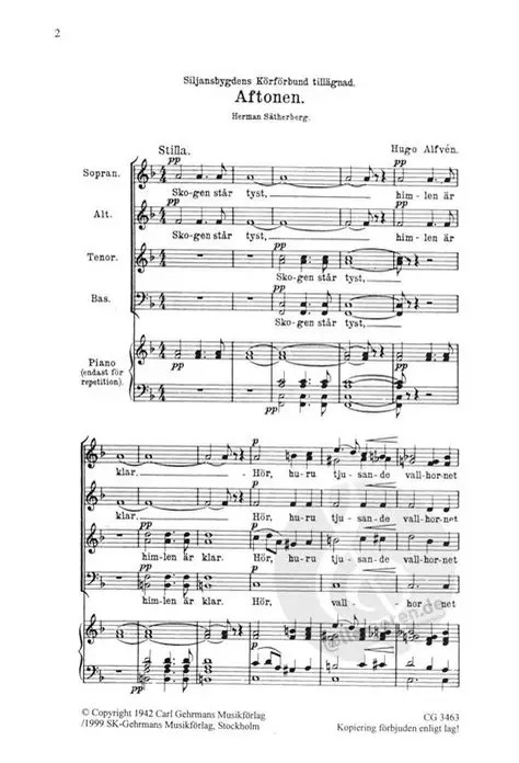 Sheet music for Hugo Alfvén’s choral work Aftonen